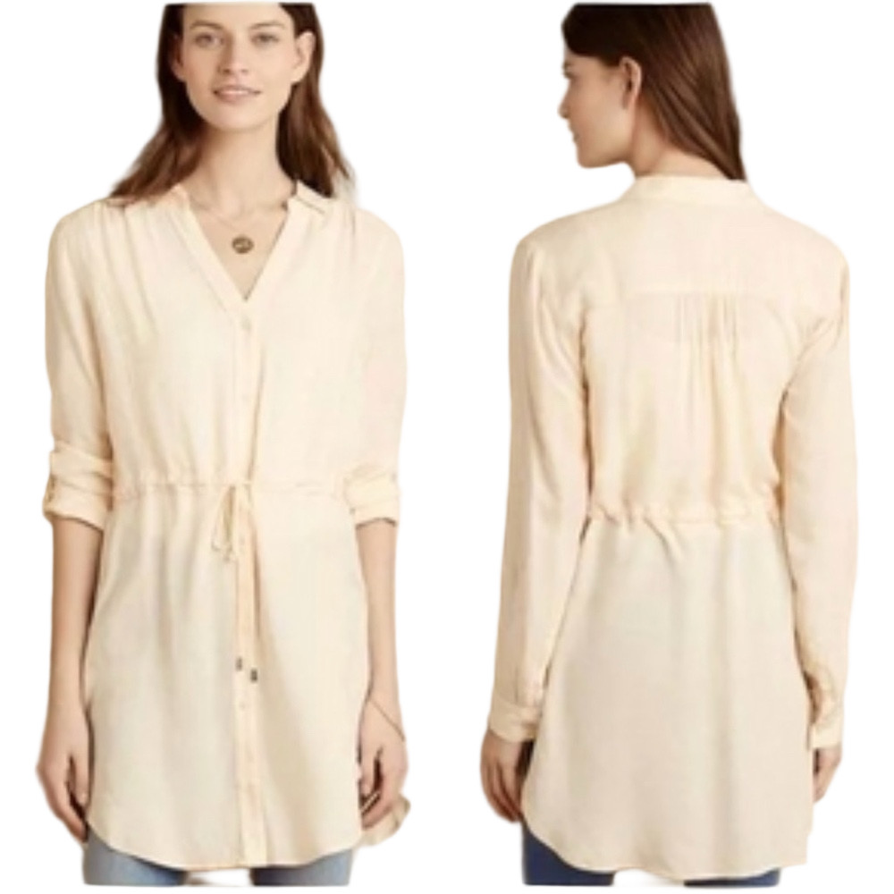 🎬HD in Paris Anthropologie Carmina tie waist tunic Cream Top size S GUC